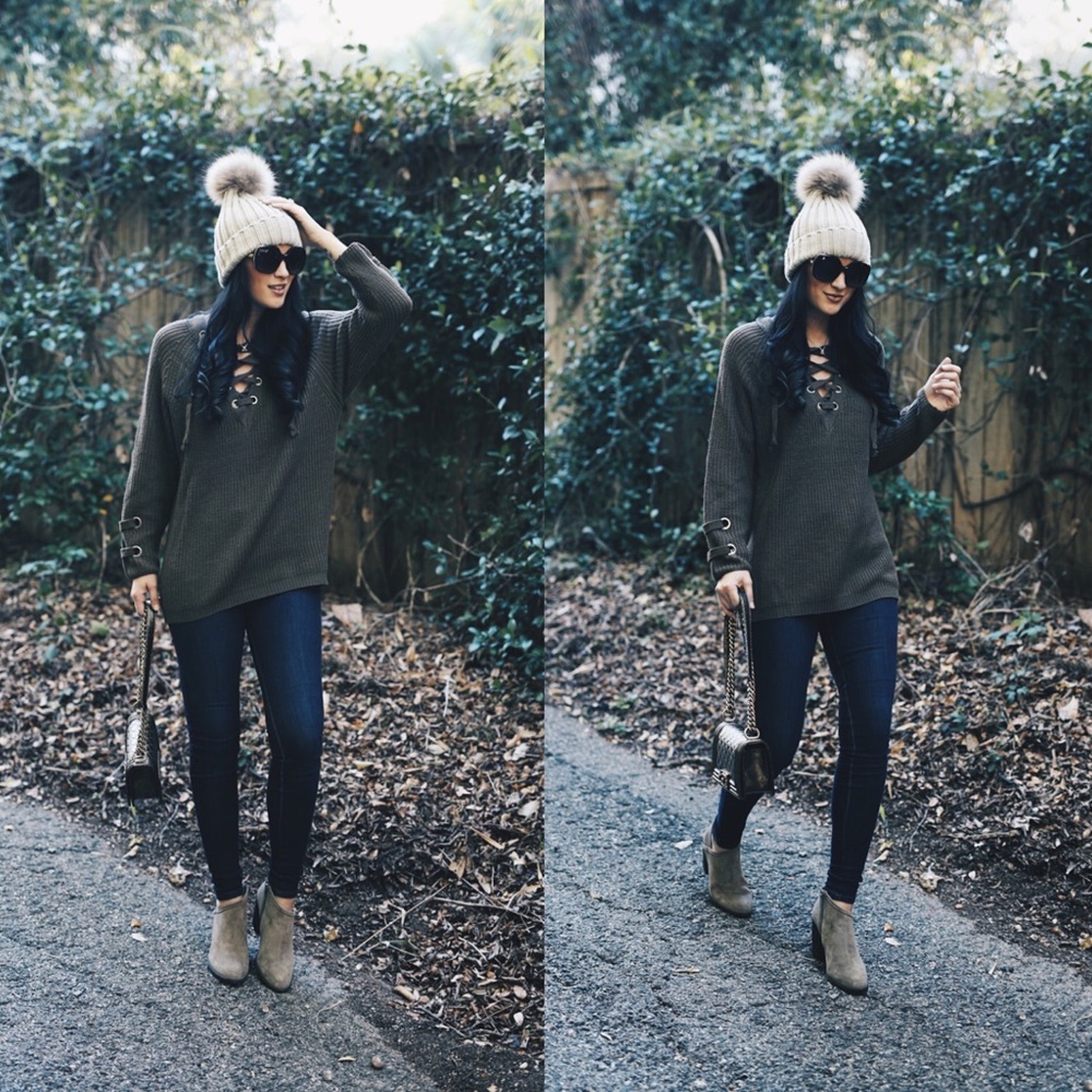MARIAH LACE UP Long Sleeve Knit Sweater V NECK TOP - Picture 2 of 3